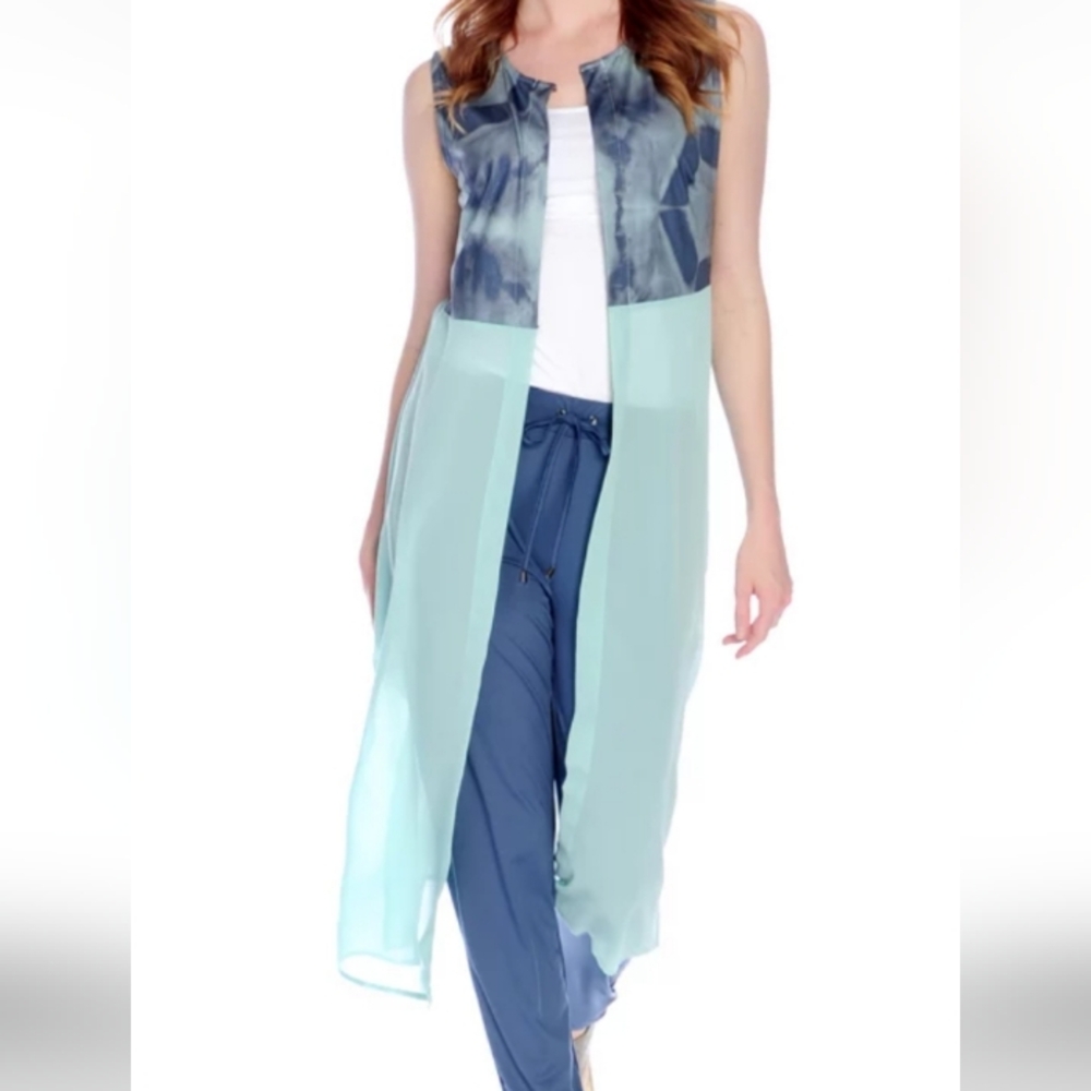 ARAE Printed Knit & Woven Chiffon Hem Hook Front Duster Vest
